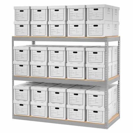 Global Industrial Record Storage Rack With Boxes 72inW x 30inD x 60inH, Gray 130101